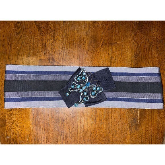 DOLCE & GABBANA Wide Gray Striped Belt Crystal Butterfly Brooch Made In Italy 44 - Picture 1 of 5